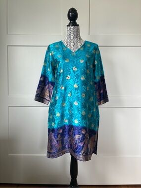 Turquoise & Purple Floral Satin Tunic/Kurti
